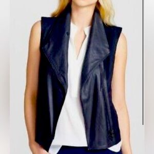 NAVY LEATHER AND HEAVY LINEN VEST